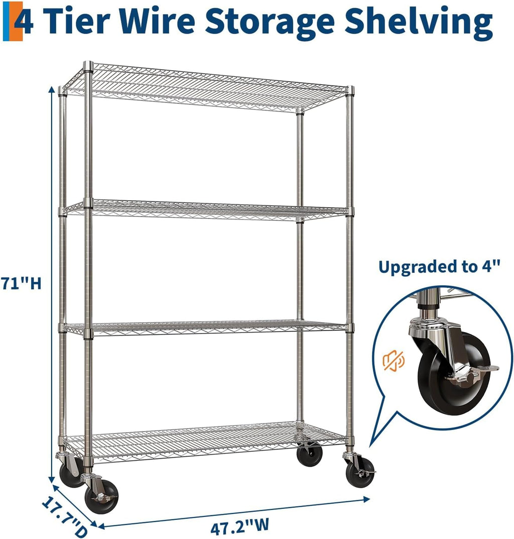 NSF Metal Shelving with Wheels, 4-Tier/1800LBS, 71"H Storage Shelves
