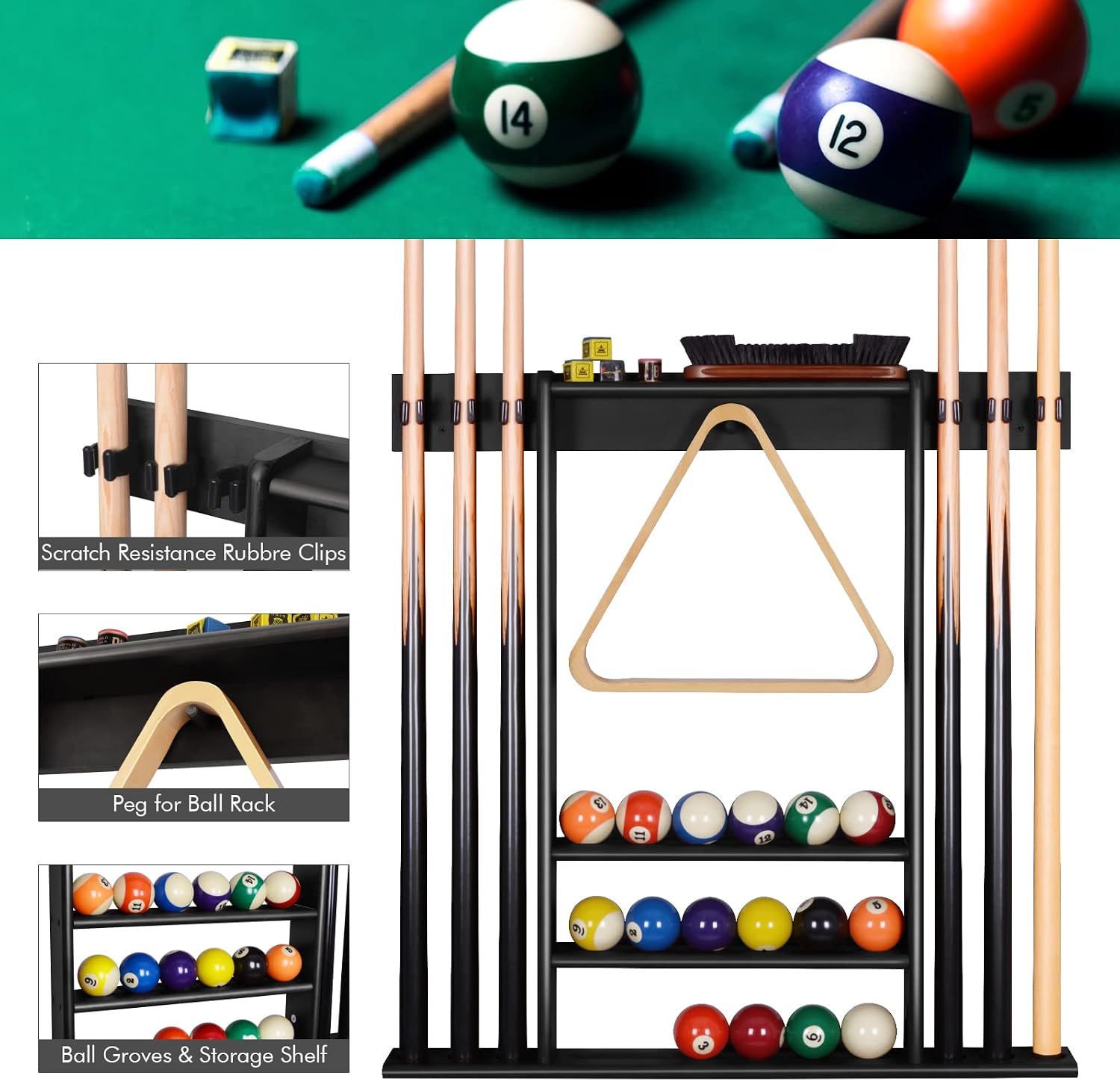 Pool Cue Rack Wall Mount For 6 Cues, Balls & Billiard Accessories Storage | 100% Solid Pine Wood Pool Stick Holder