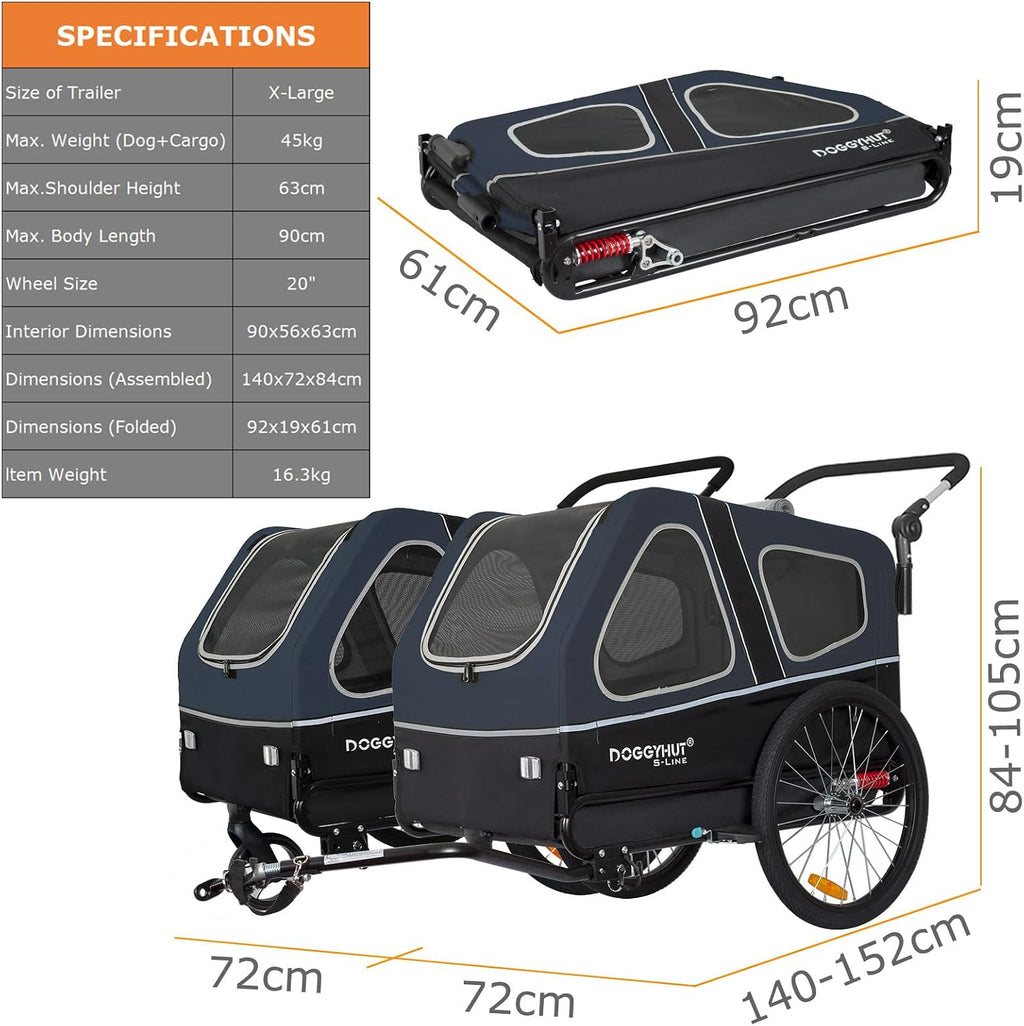 S-Line XL Pet Bike Trailer & Stroller for Large Dogs Up to 100 lbs, Folding Dog Cart with Shock-Absorbing Suspension