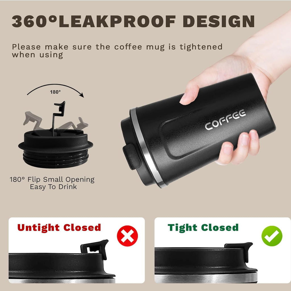 Travel coffee mugs leak-proof, reusable coffee cups with lids, stainless steel vacuum insulated coffee tumblers