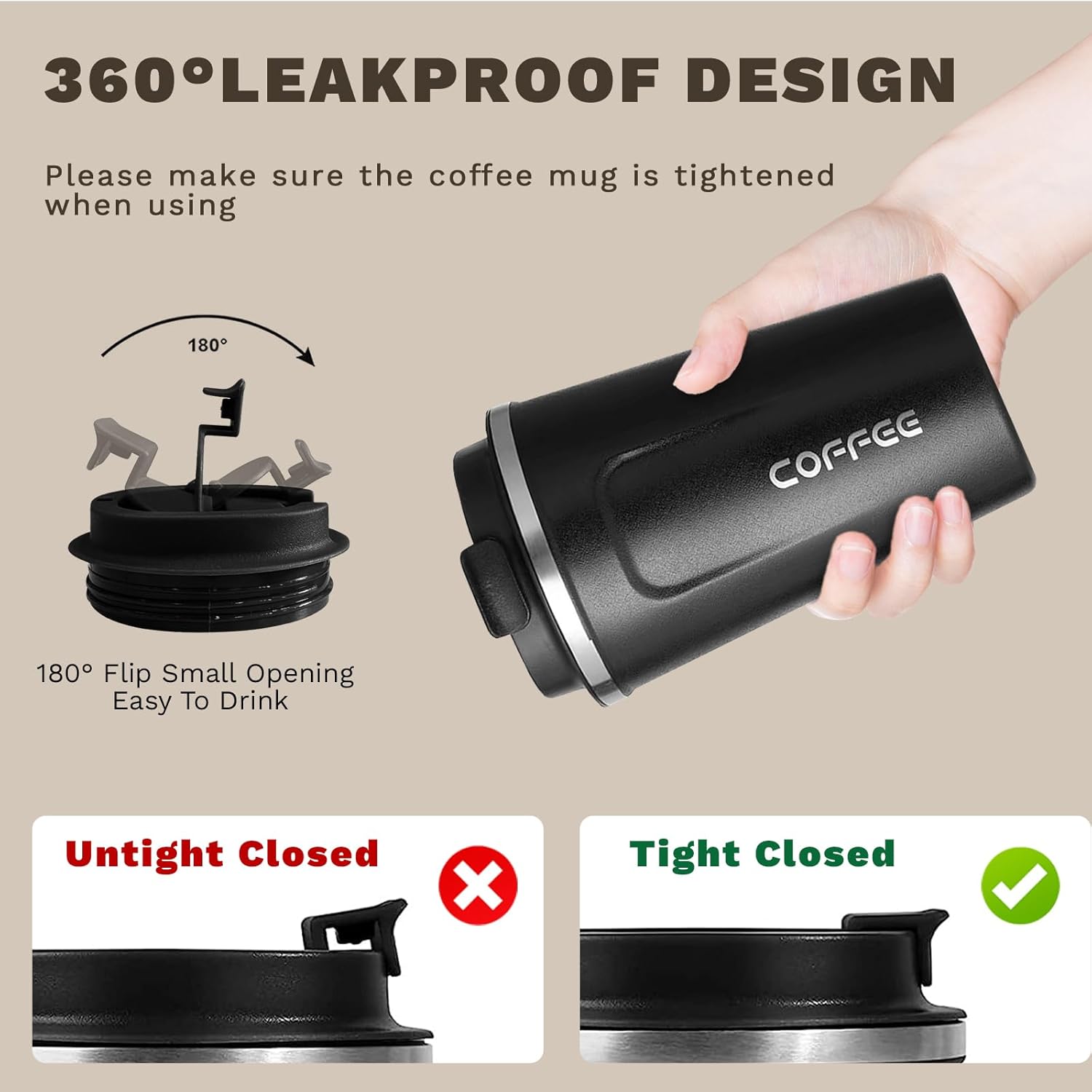 Travel coffee mugs leak-proof, reusable coffee cups with lids, stainless steel vacuum insulated coffee tumblers