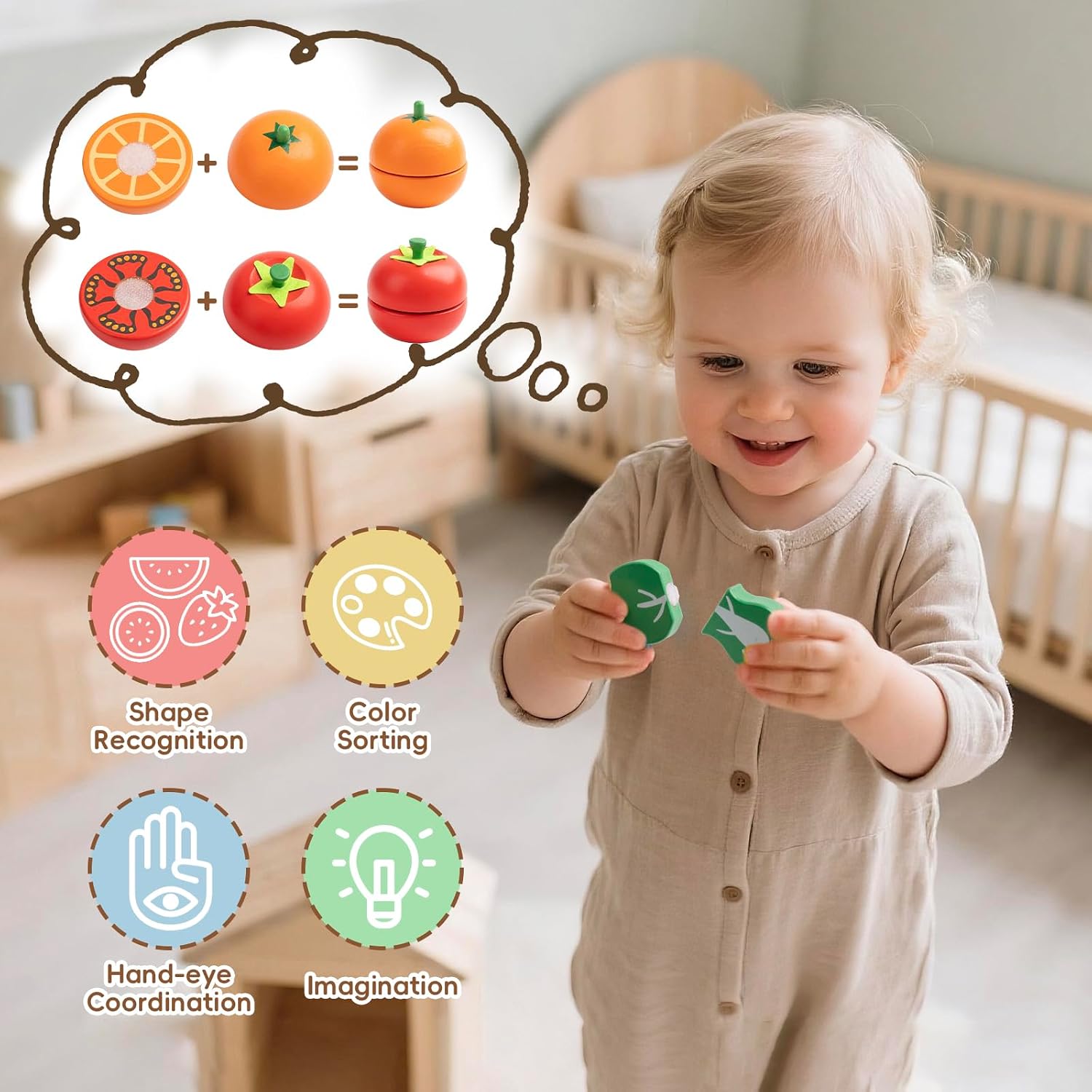 Wooden Play Food for Toddlers - 34Pcs Velcro Fruit and Veggies with Basket & Chopping Board, Play Food Sets for Kids