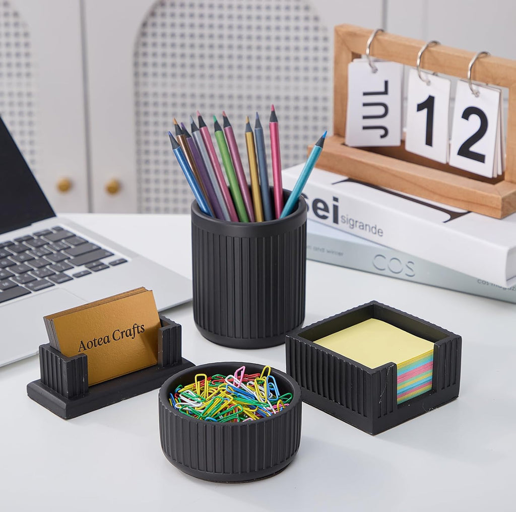 Set of 4 - Concrete Desk Accessories For Modern, Industrial, Minimalist Office Decor- Aesthetic Desk Organizers