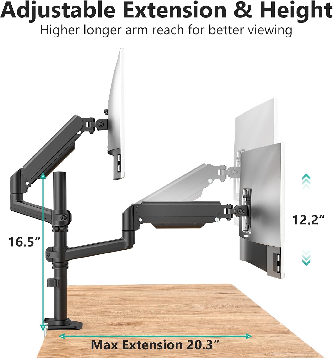Tall Dual Monitor Desk Mount for 13-33 inch Screens, 19.8 lbs per Arm | Dual Monitor Arms for 2 Monitors, Full Motion