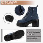 Womens Combat Boots Ankle Booties Lace up High Heel, Denim Size 7.5