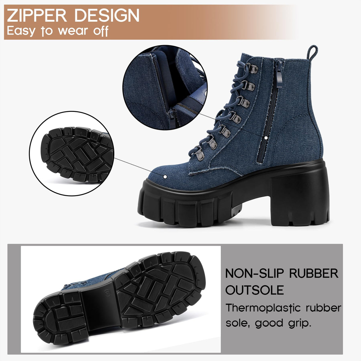 Womens Combat Boots Ankle Booties Lace up High Heel, Denim Size 7.5