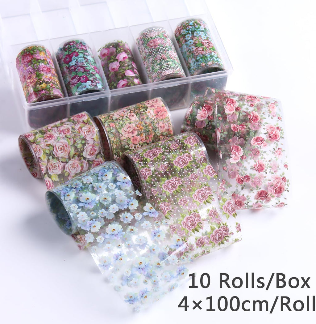 10 Rolls Flower Nail Art Foils Stickers Colorful Rose Floral Designs