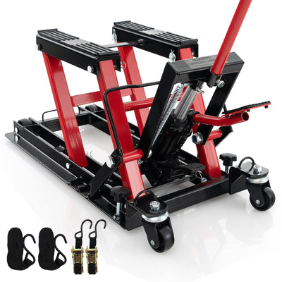 Motorcycle Lift, 15000 LBS Hydraulic ATV Scissor Jack with Footplates & Long Handle, 2 Ratchet Belts, 4 Wheels