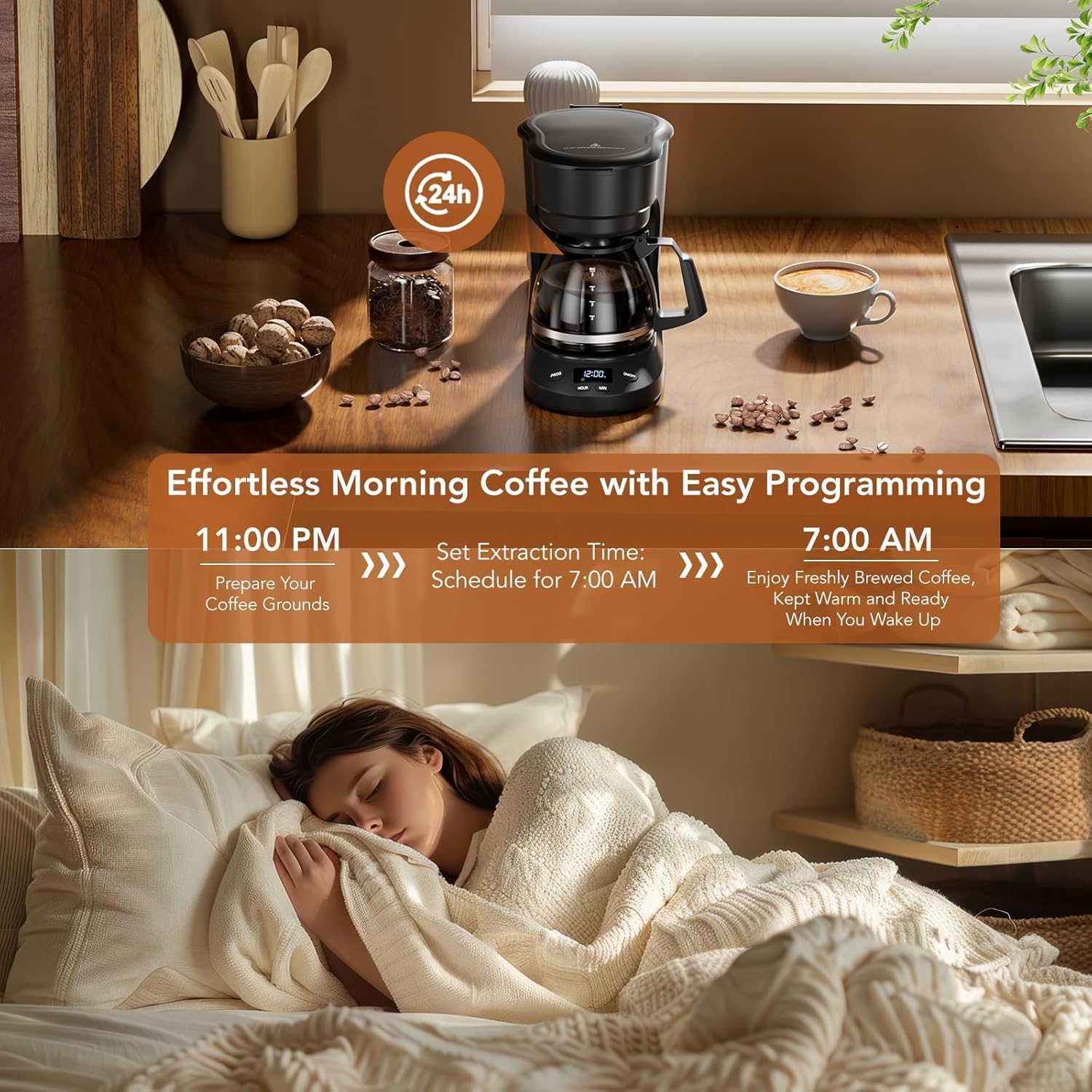 5 Cup Programmable Drip Coffee Maker, 24H Delay Brew, 2H Keep Warm & Auto Shut Off, Pause & Serve, Reusable Filter
