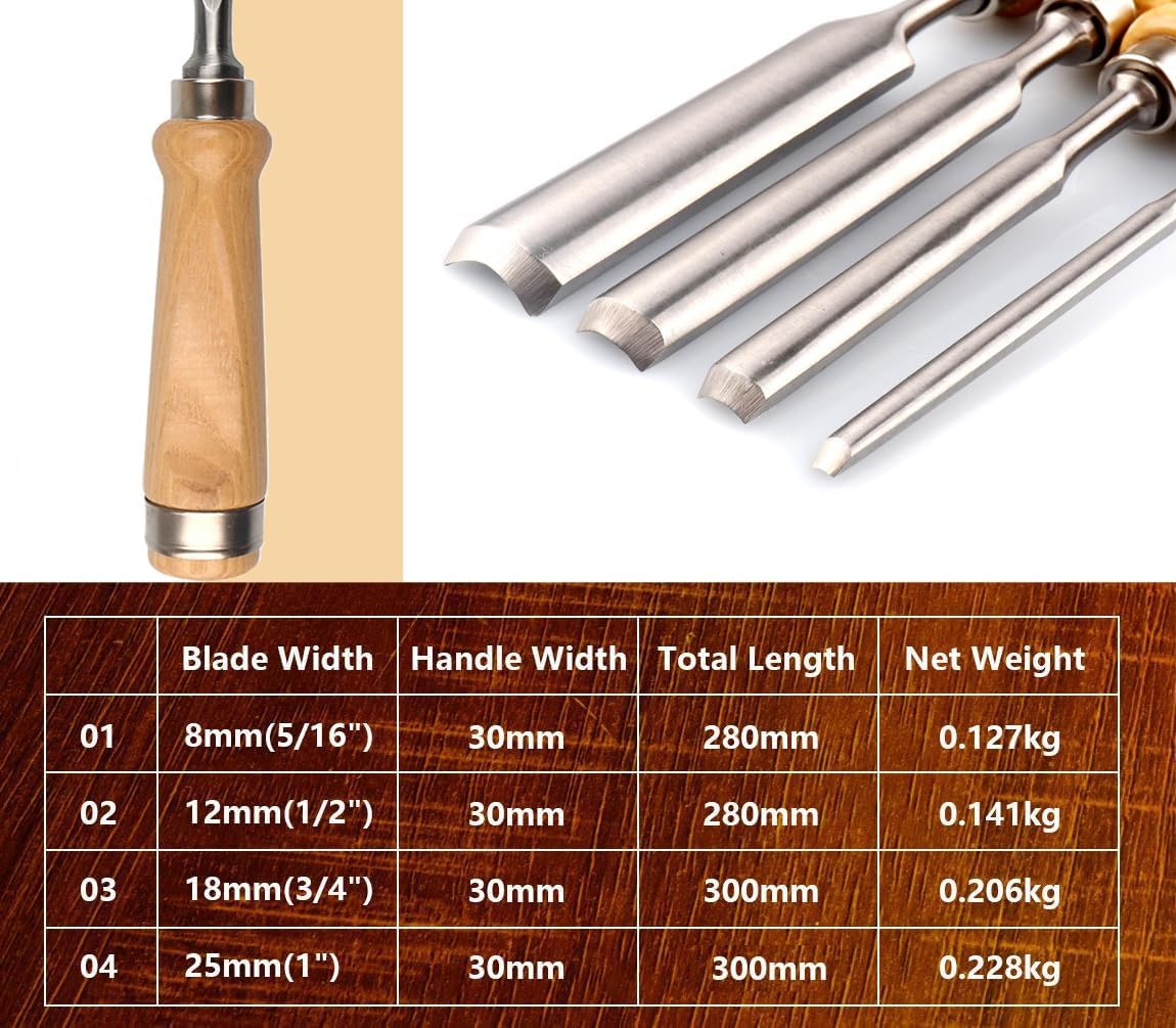 4 Pieces Wood Chisel Set for Woodworking, Professional Wood Chisel Tool Carpenter Gouge CR-V Steel Semi-Circular Edge