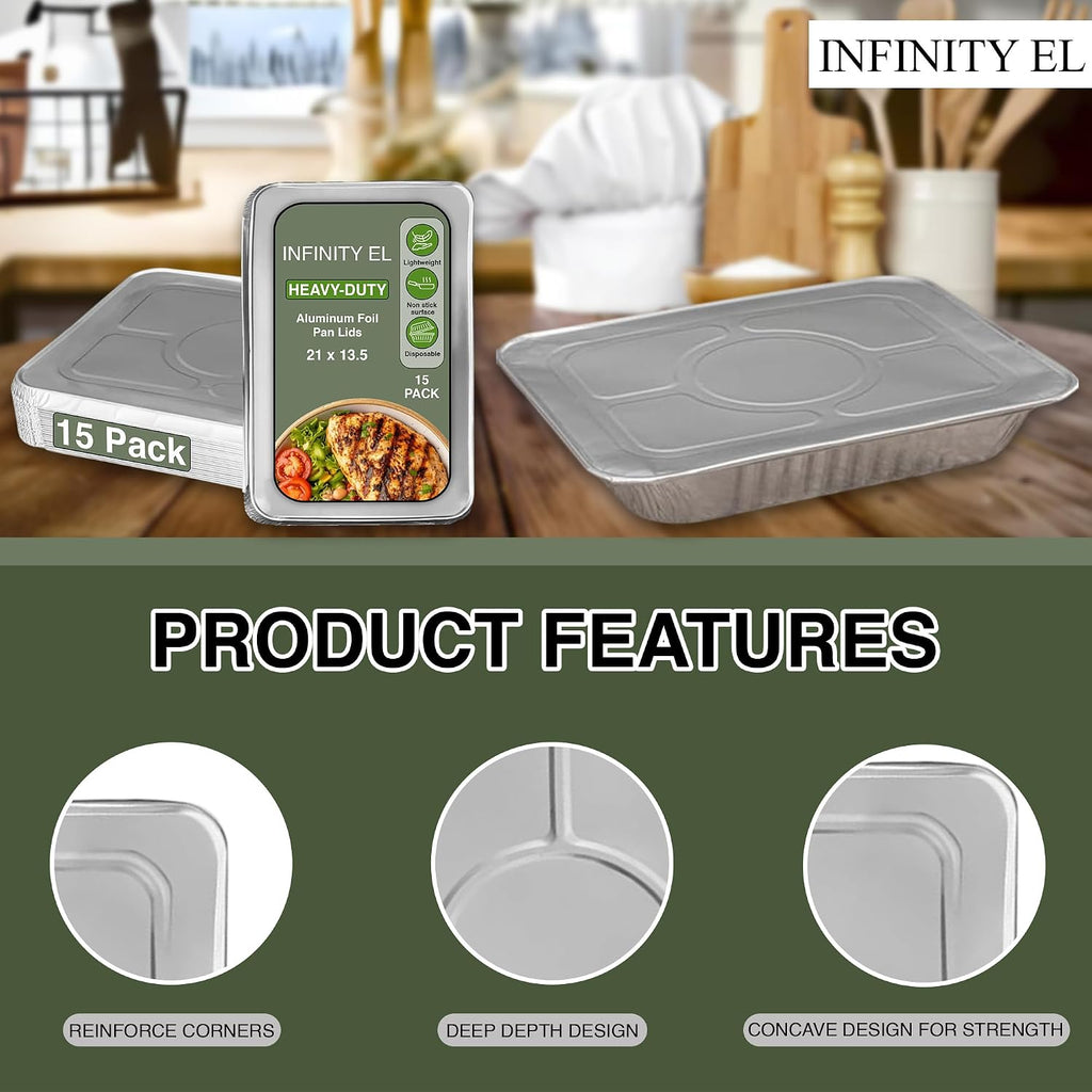 15 Pack Aluminum Pans Lids, Disposable Foil Lids, (Full-Size)