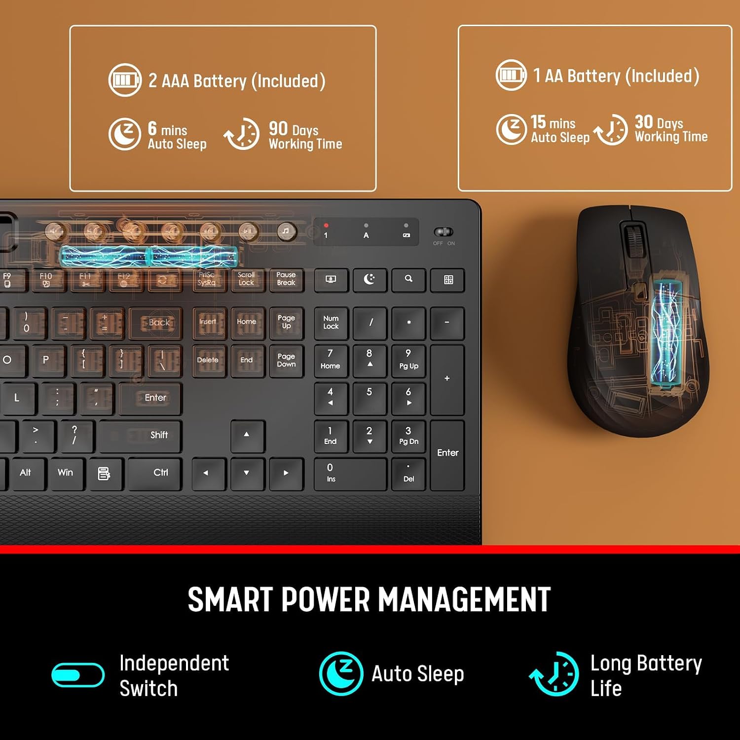 Wireless Keyboard and Mouse Combo, Full Size with Palm Rest | Quiet Typing, Phone Holder, Multimedia Keys, Power