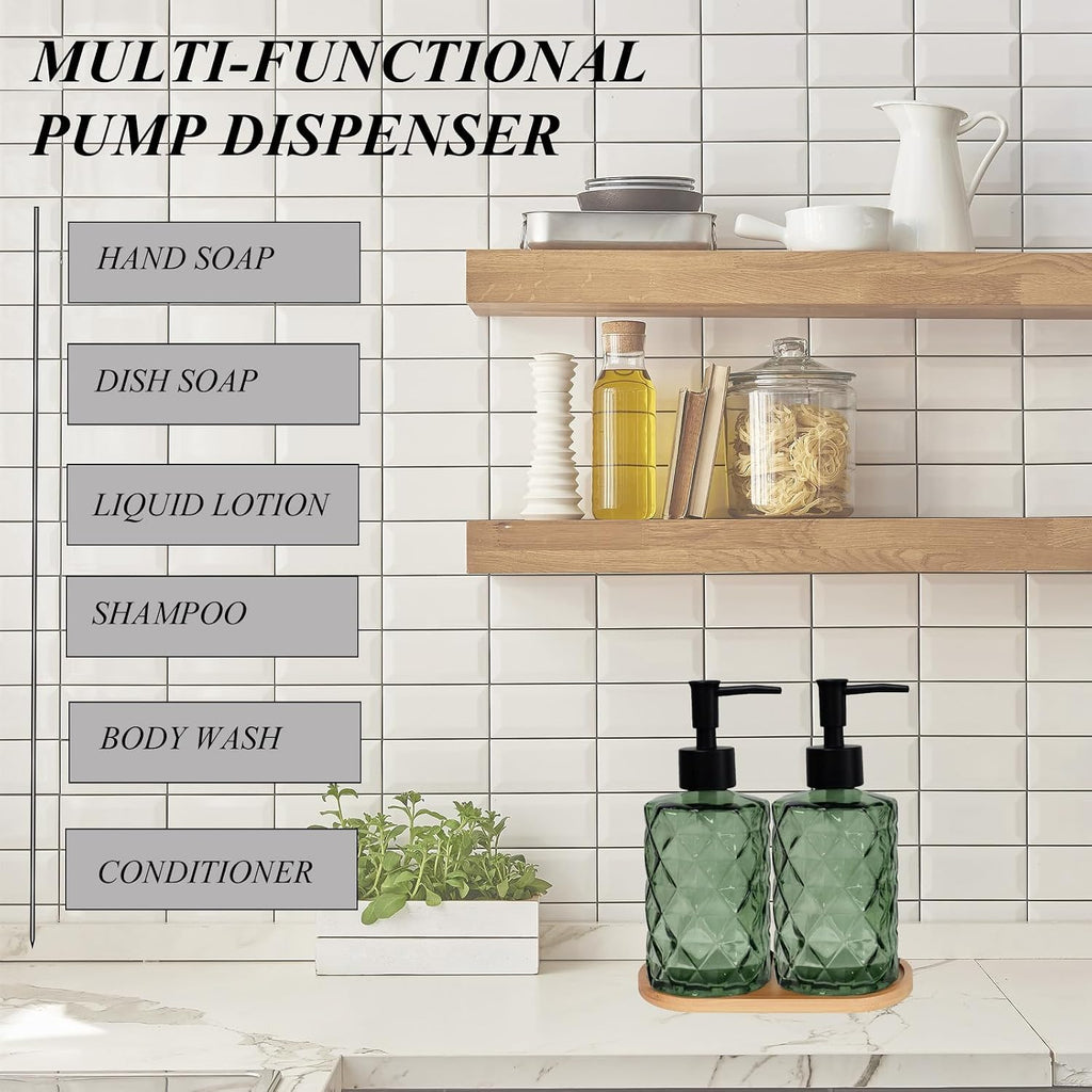12oz Green Glass Hand and Dish Soap Dispenser Set, Diamond Design, Set of 2 | Bathroom Soap Dispenser with Plastic