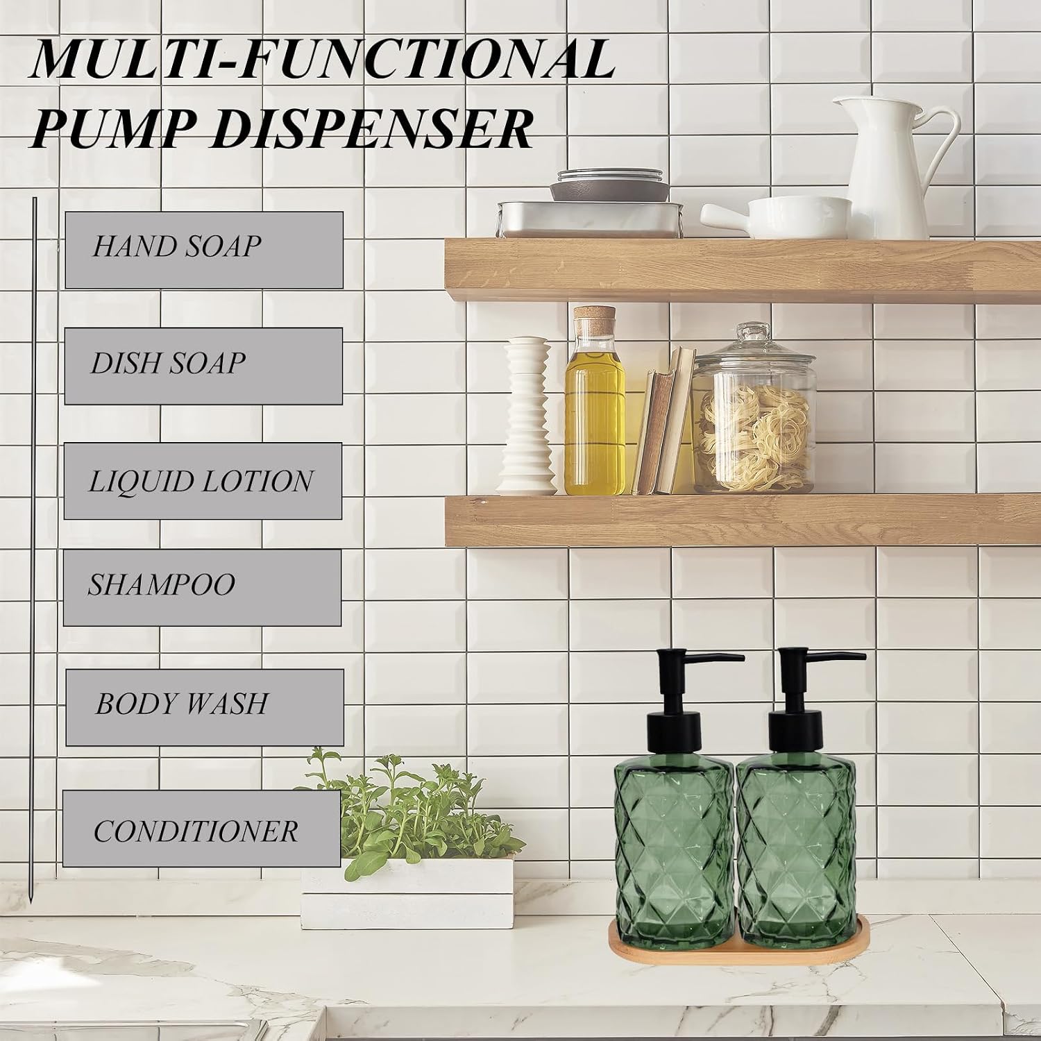12oz Green Glass Hand and Dish Soap Dispenser Set, Diamond Design, Set of 2 | Bathroom Soap Dispenser with Plastic