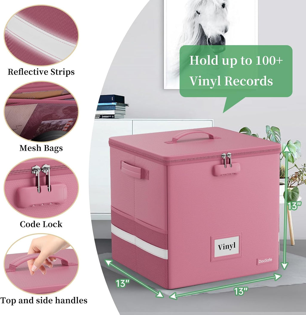 Vinyl Record Storage Box with Lock, Fireproof＆Water Resistant Record Organizer for 100+ Single Records(12-inch)