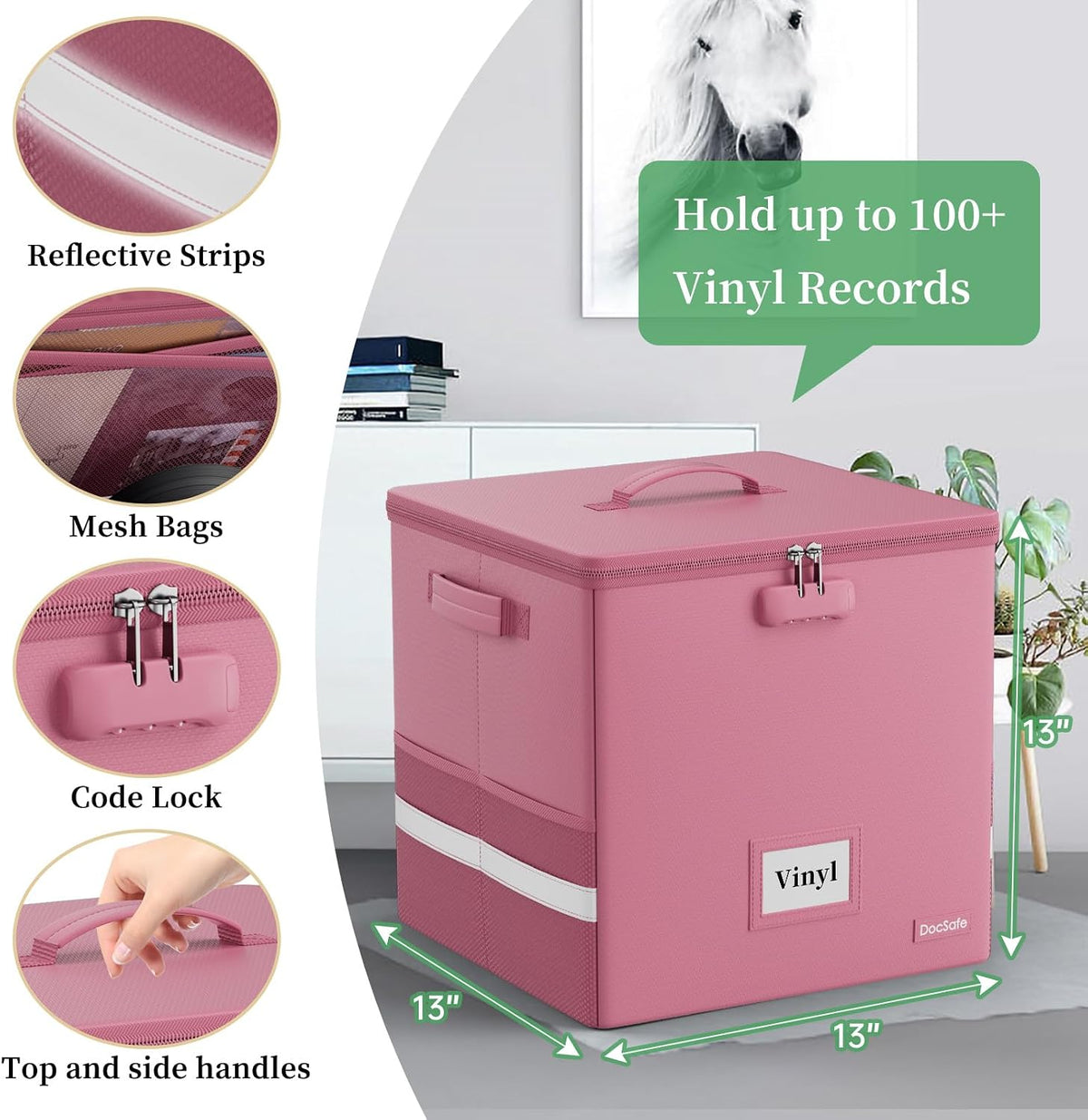 Vinyl Record Storage Box with Lock, Fireproof＆Water Resistant Record Organizer for 100+ Single Records(12-inch)