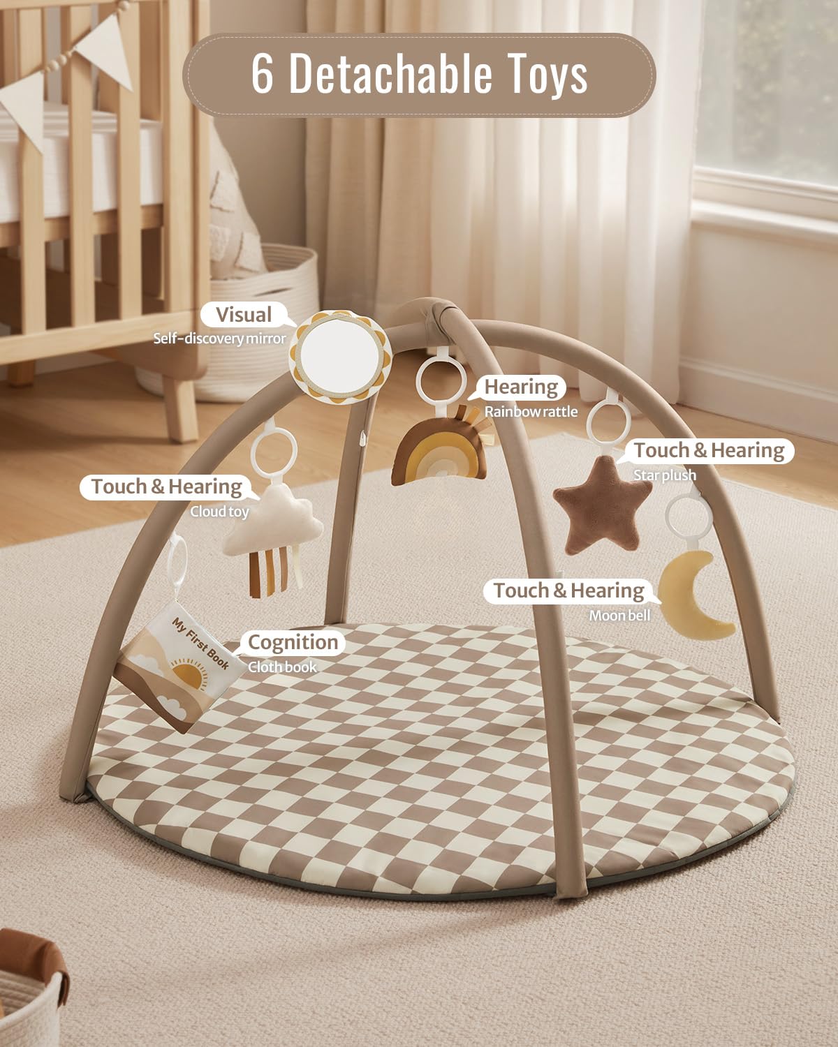 Baby Play Gym Mat, Play Mat Activity Mat with 6 Detachable Toys for Stage-Based Sensory & Motor Skill Development