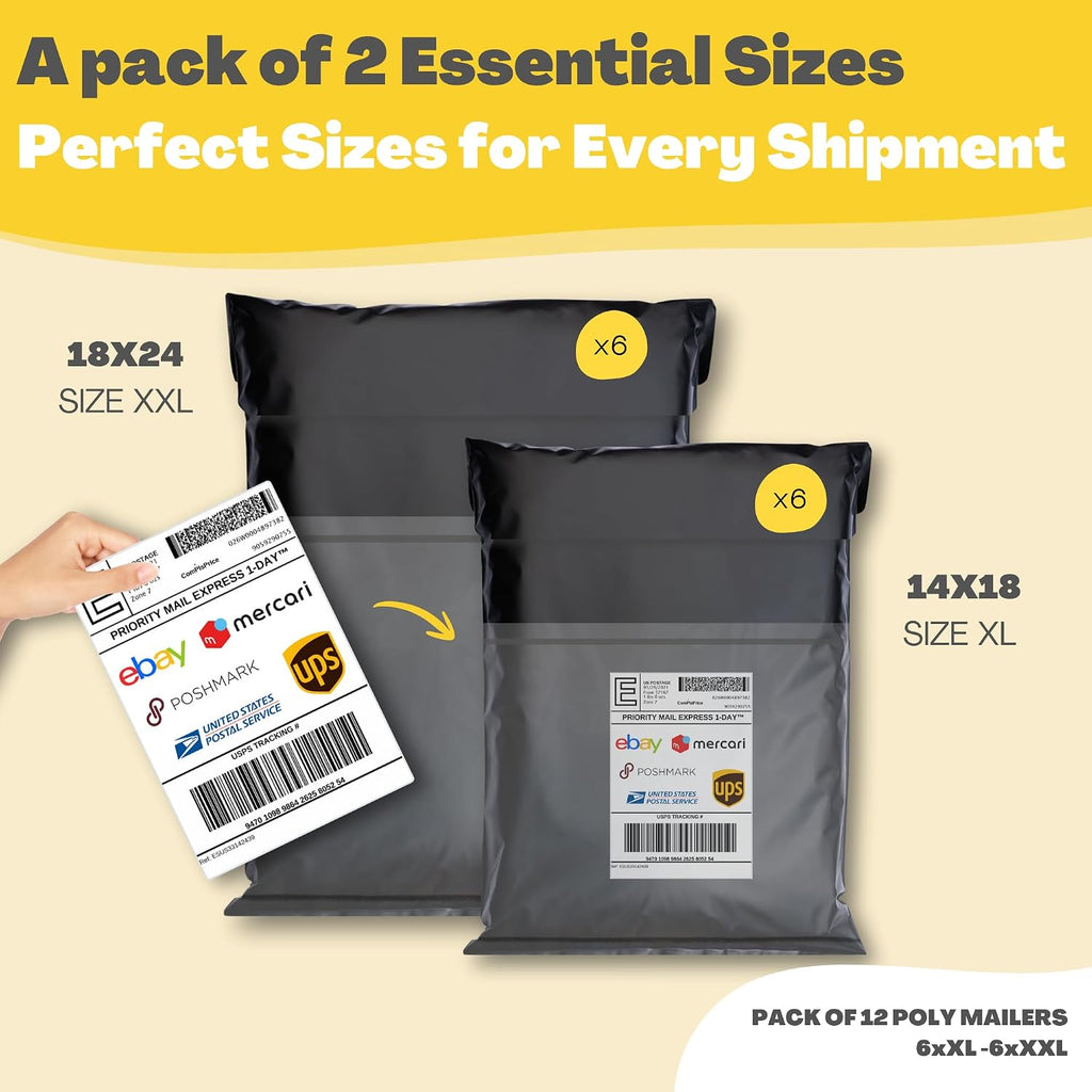 Shipping Bags (12 Pack) with Label Pouch - 14x18 & 18x24 - Poly Mailers for Clothes, Self-Seal Plastic Mailing