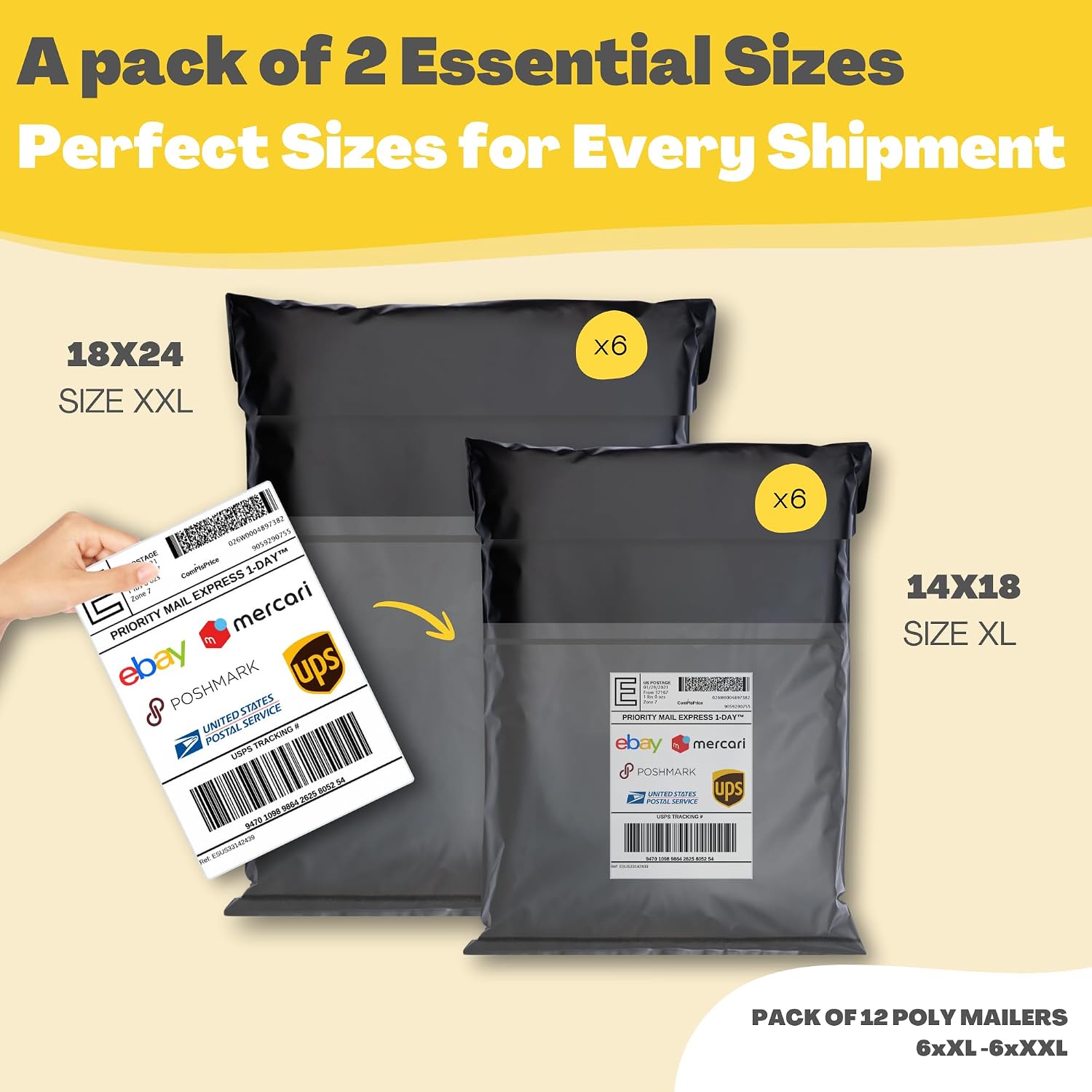 Shipping Bags (12 Pack) with Label Pouch - 14x18 & 18x24 - Poly Mailers for Clothes, Self-Seal Plastic Mailing