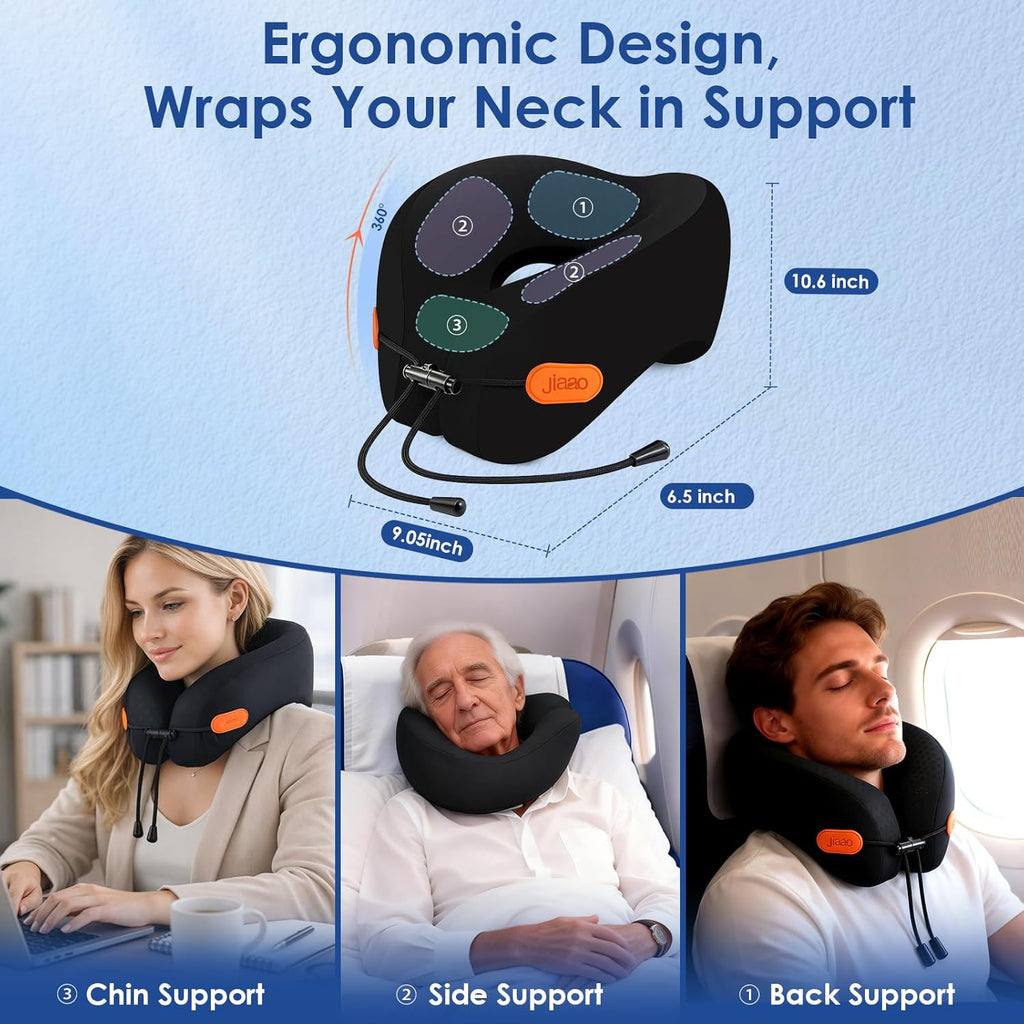 Travel Pillow Memory Foam Neck Pillow for Airplanes with Adjustable Neck Support, Includes Eye Mask, Earplugs &
