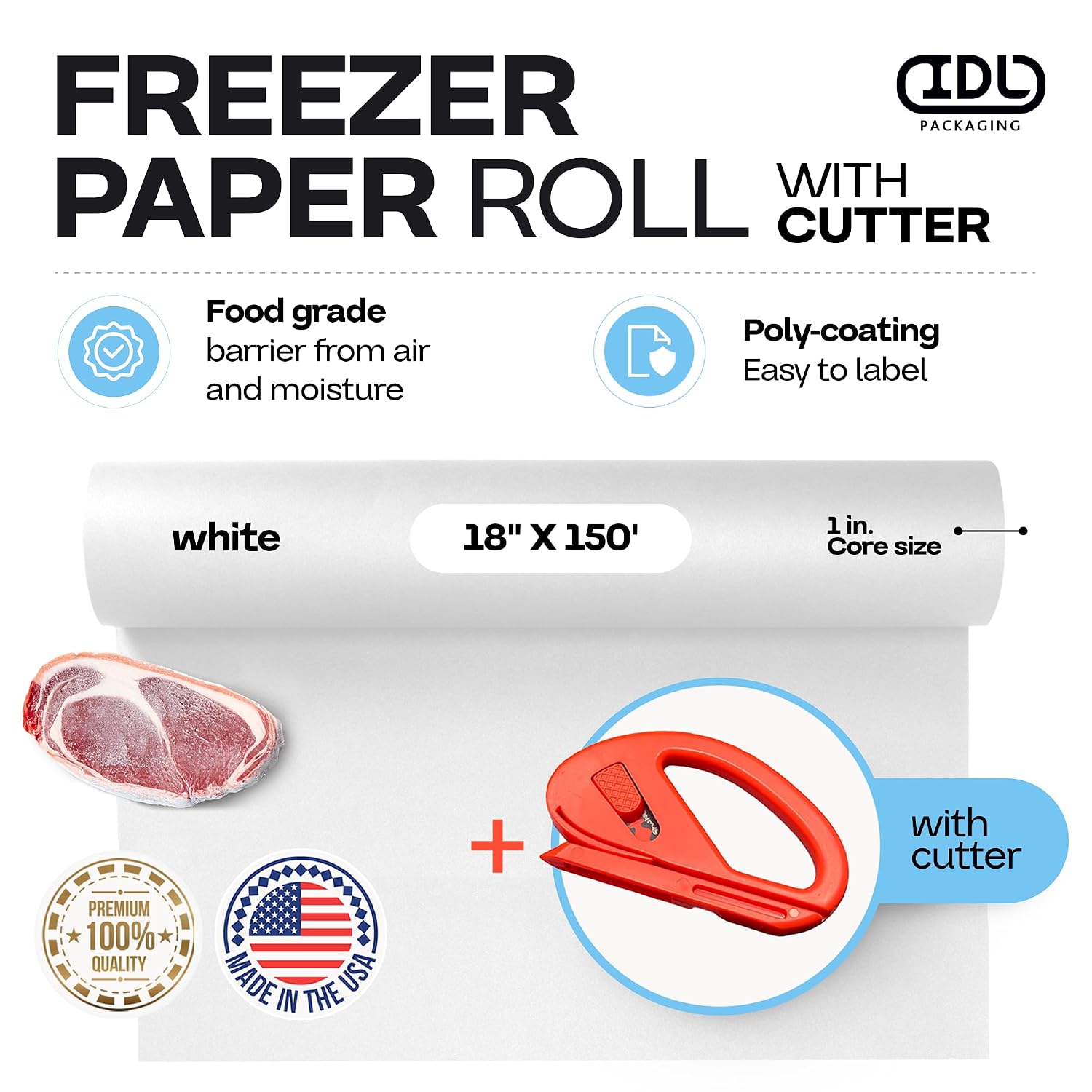 White Freezer Paper Roll 18" x 1800" (150 feet) with Cutter - USA-made