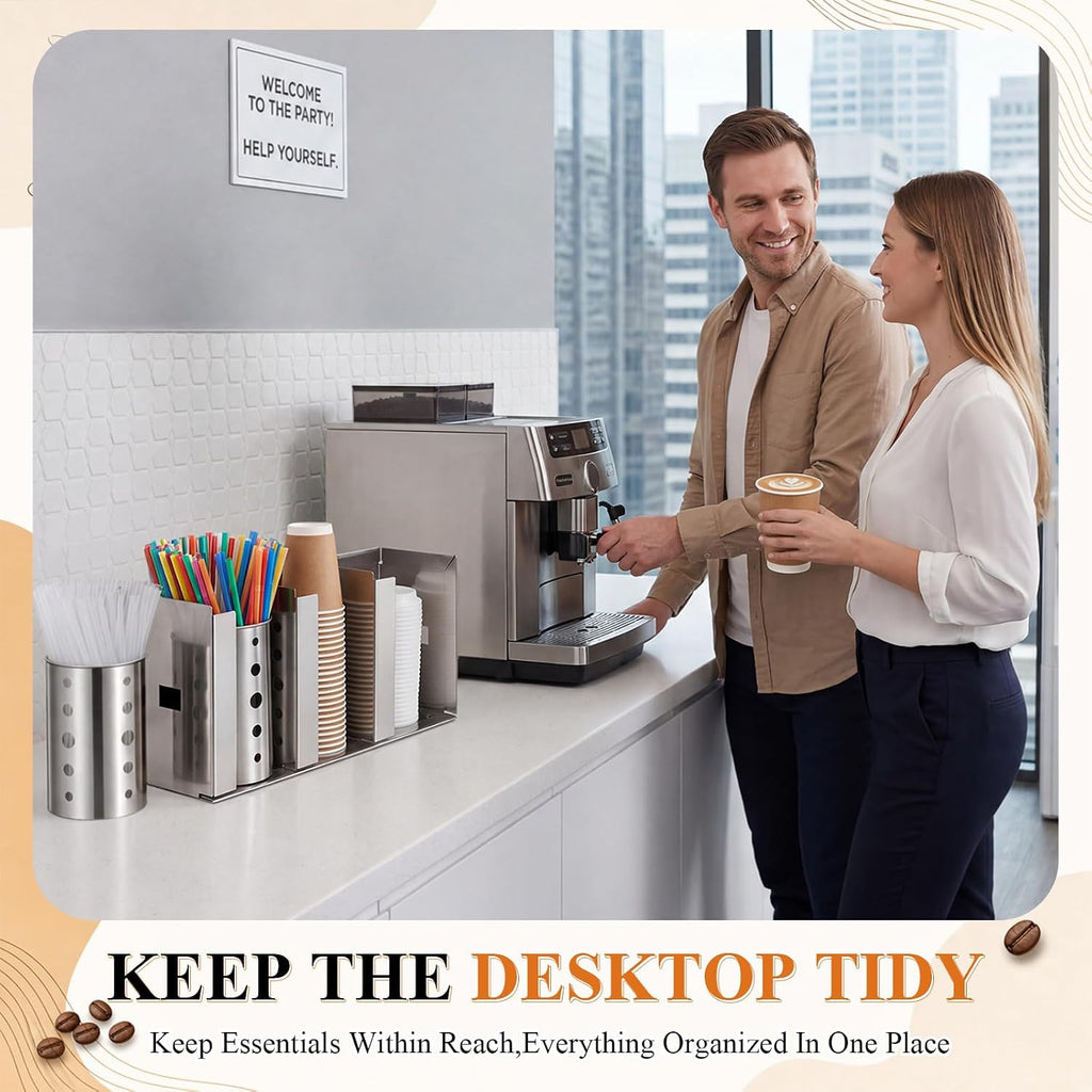 3 Compartments Stainless Steel Cup Dispenser with 2 Straw Holder