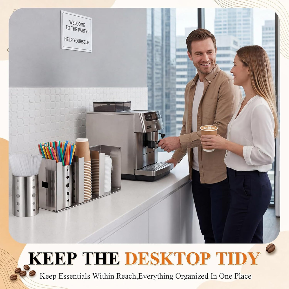 3 Compartments Stainless Steel Cup Dispenser with 2 Straw Holder