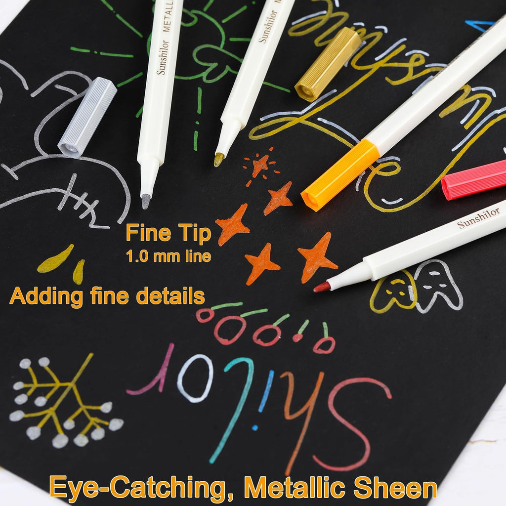 Metallic Markers Fine Point Metallic Marker Pens for Black Paper, Rock Painting, Easter Egg, Halloween Pumpkin, Card
