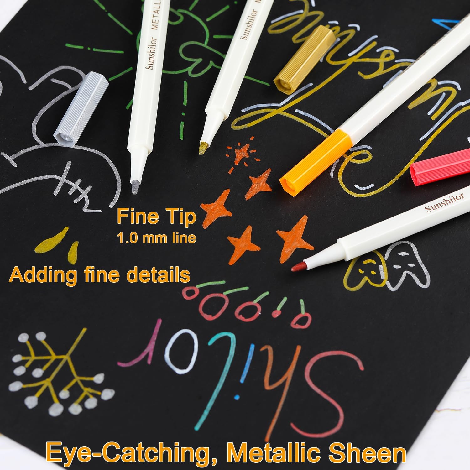 Metallic Markers Fine Point Metallic Marker Pens for Black Paper, Rock Painting, Easter Egg, Halloween Pumpkin, Card
