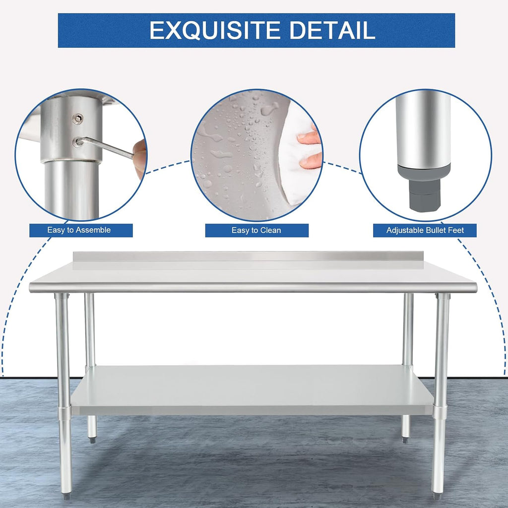 HARDURA Stainless Steel Prep & Work Table 24 x 72 Inches Backsplash
