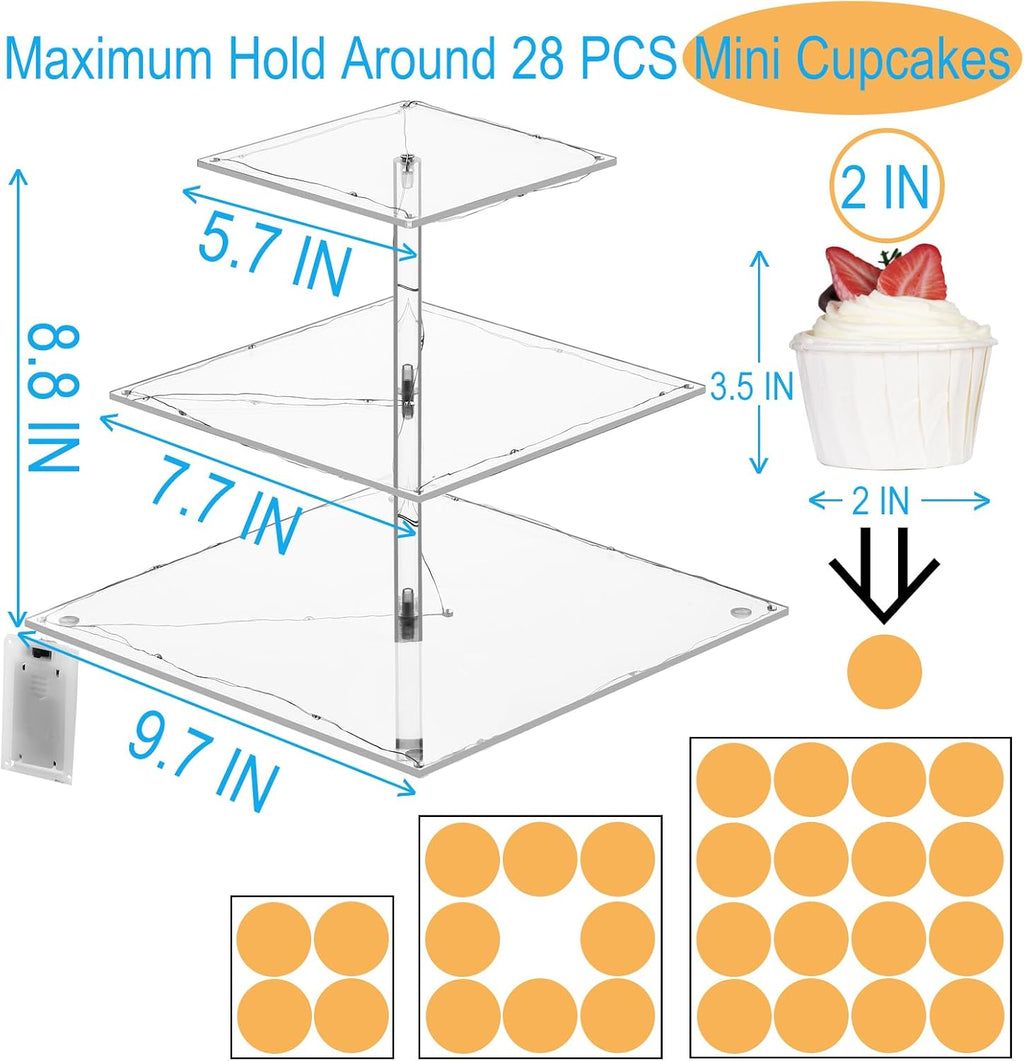 3 Tier Cupcake Stand Cupcake Holder, Acrylic Cupcake Tower with LED Yellow Light for 24 Cupcakes, Dessert Table