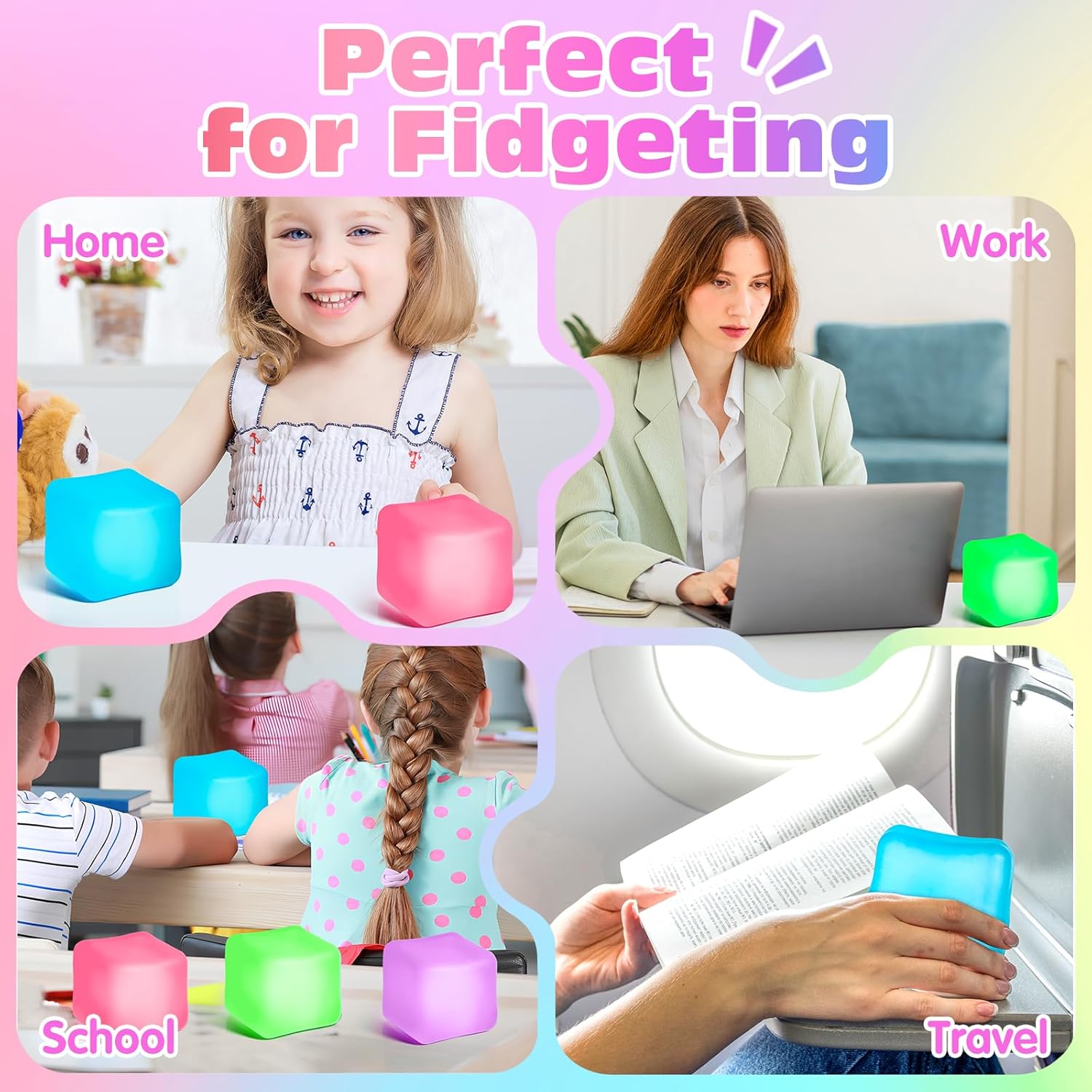 4 Pack Stress Cube,Slow Rising Ice Cube Stress Balls for Adults Kids | Sensory Fidget Toy for Anxiety Relief, Square