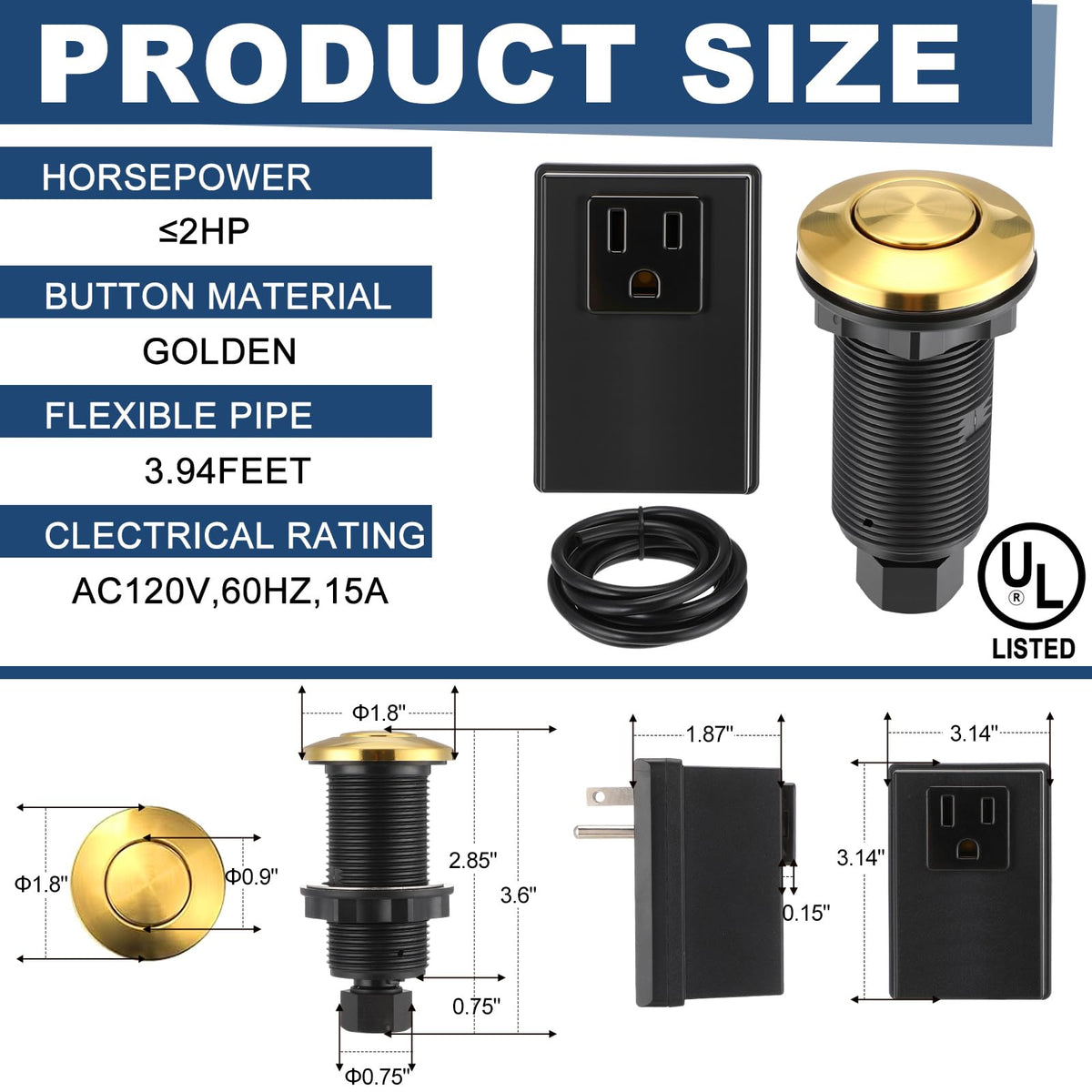 Garbage Disposal Air Switch Kit, Single Outlet, Gold, Short Size