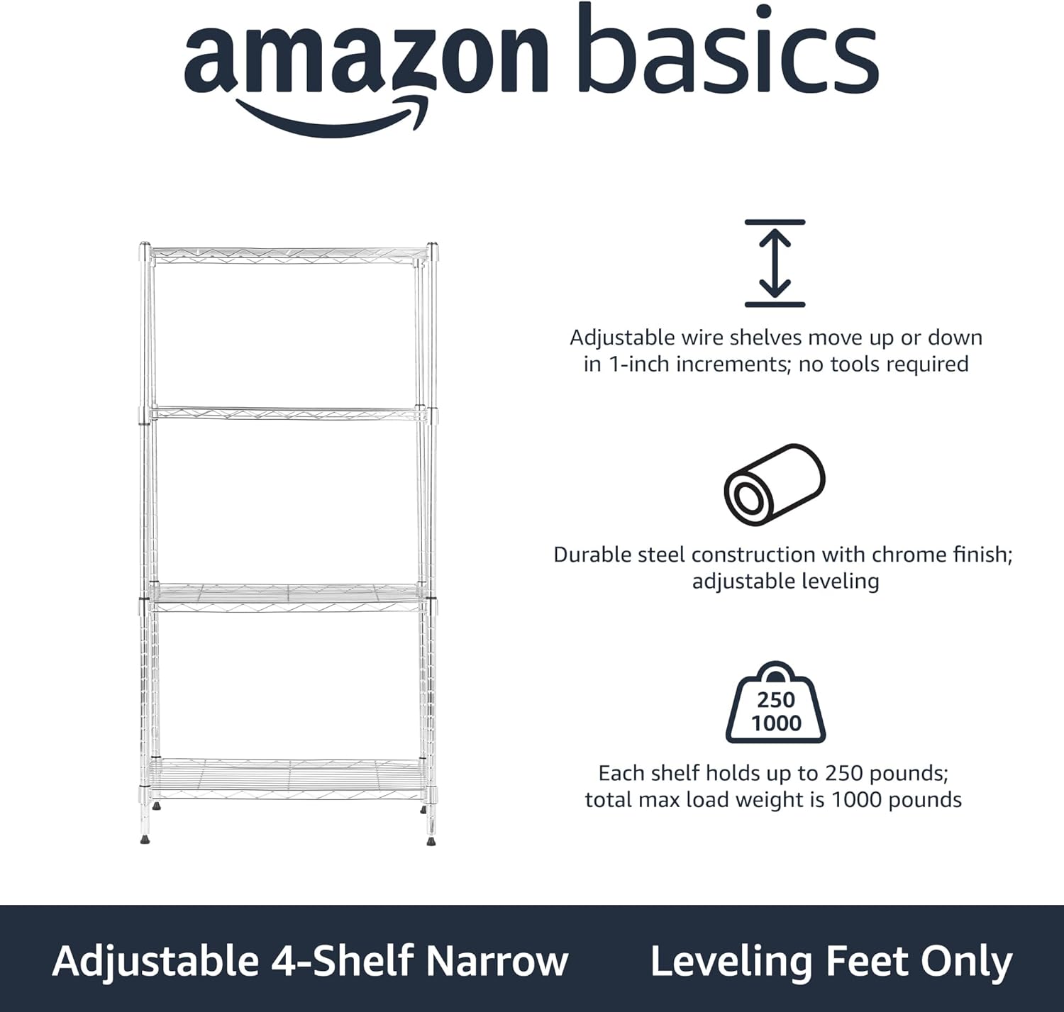 4-Shelf Adjustable Storage Shelving Unit for Garage, Steel Wire Rack, 200 Pound Loading Capacity per Shelf, 13.4"D x