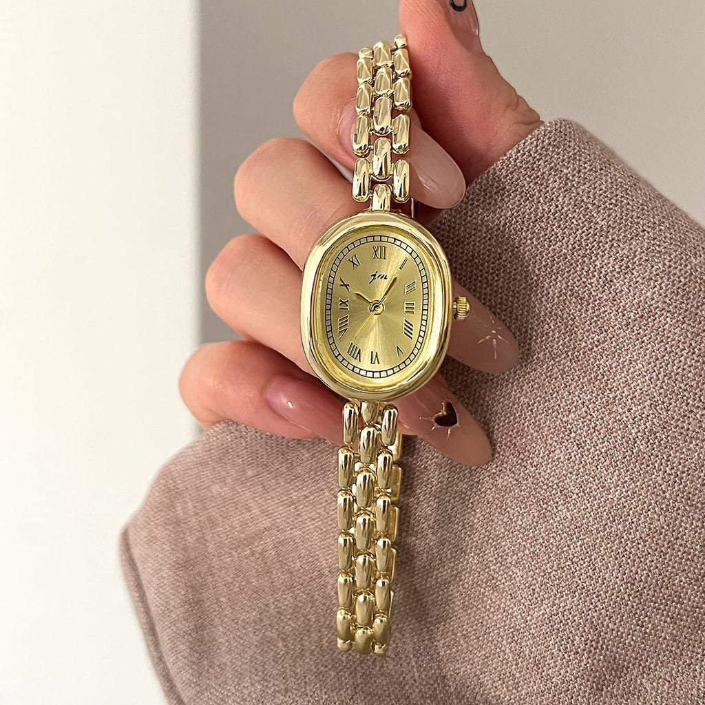 Women’s Bracelet Watch Small Face Oval Quartz Analog Wristwatch (Gold) | with Metal Link Band, Gold & Silver Options