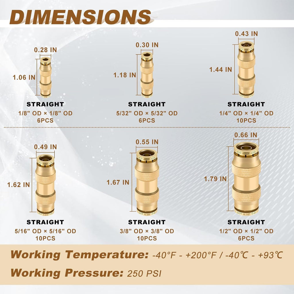 48PCS 6-Size Brass Dot Air Line Fitting Kit,1/8"-1/2" Straight Union