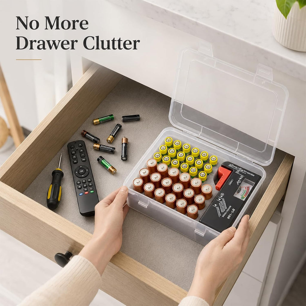 Battery Organizer Storage Box with Test, Garage Case Holder for 18* AA, 18* AAA Batteries (Bag Not Include Batteries