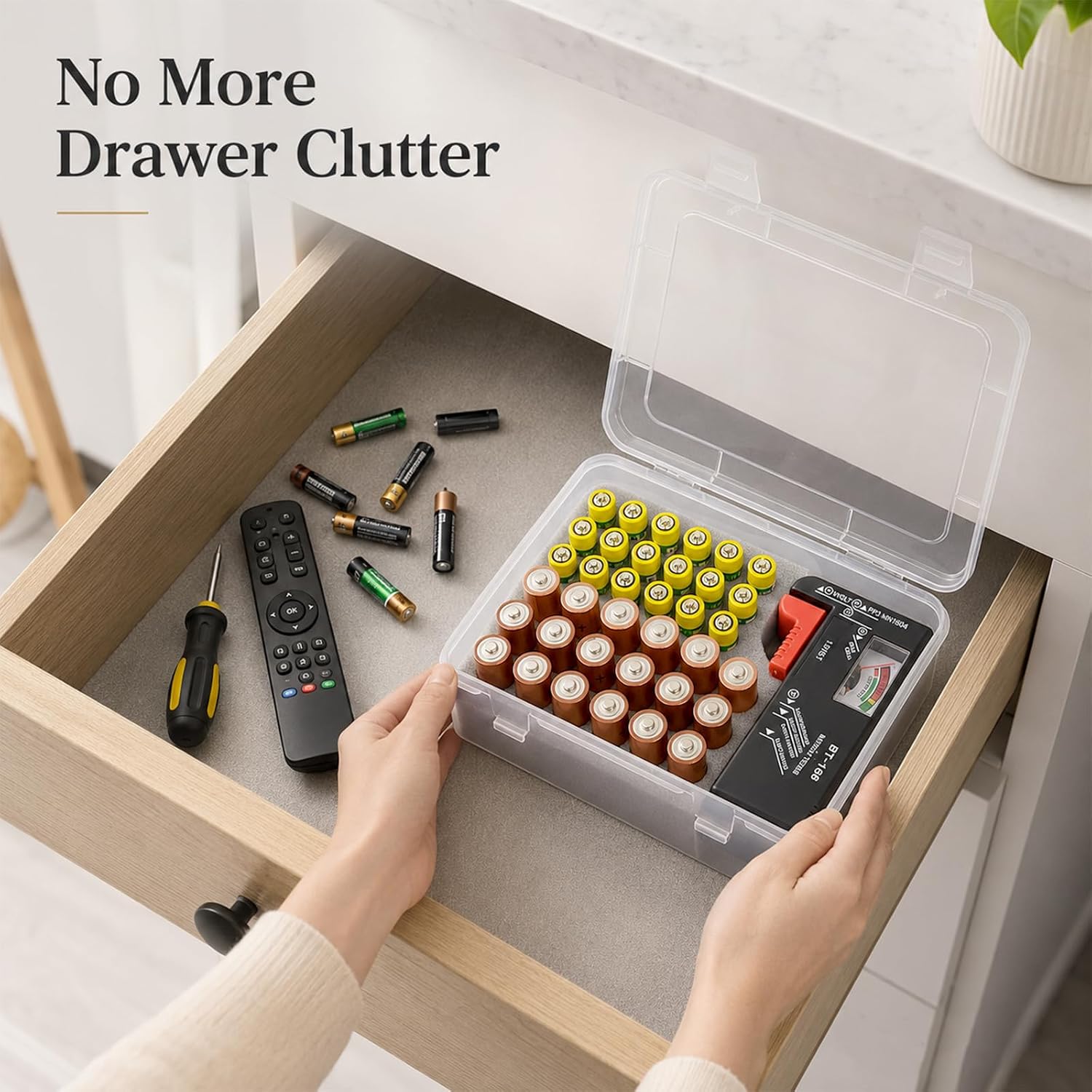 Battery Organizer Storage Box with Test, Garage Case Holder for 18* AA, 18* AAA Batteries (Bag Not Include Batteries