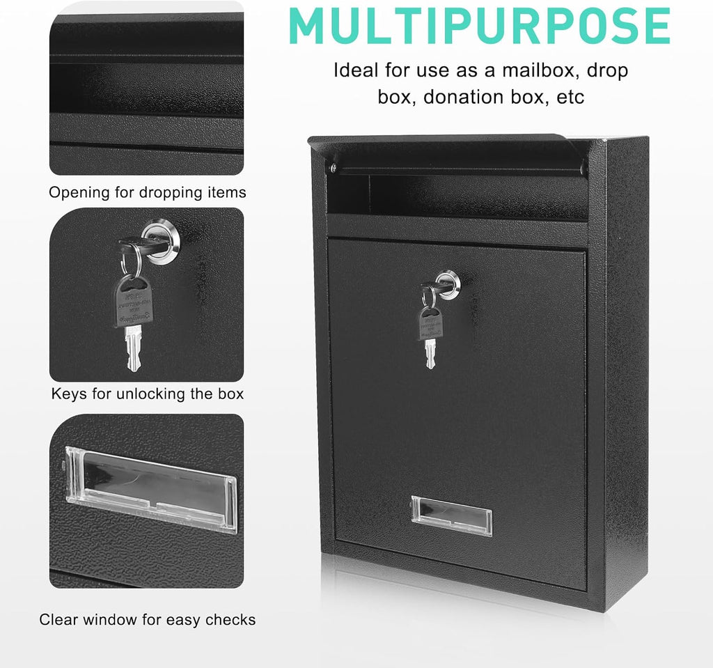 Locking Steel Mailbox, Wall Mounted - Post Office Box, Extra Large Space Secure, Comes with 2 Keys 3 Sets 0-9 Numbers