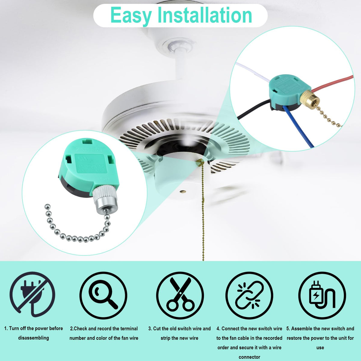 BFXM Ceiling Fan Switch ZE-268S6 3 Speed 4 Wire, Silver