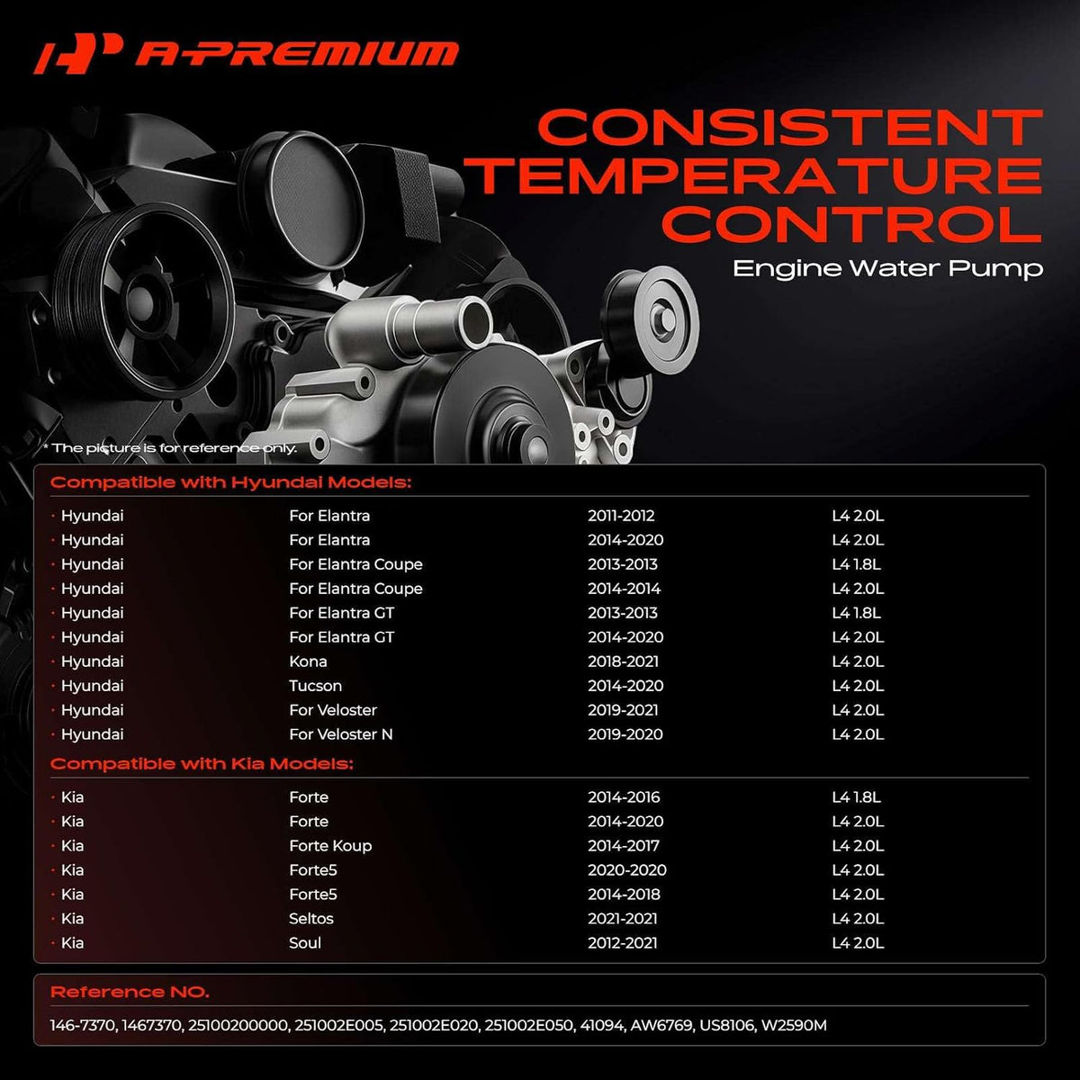 A-Premium Engine Water Pump (L4 2.0L) Compatible with Hyundai, Kia
