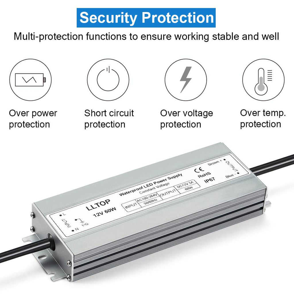 12V DC LED Driver Waterproof IP67 Power Supply 60W 5A