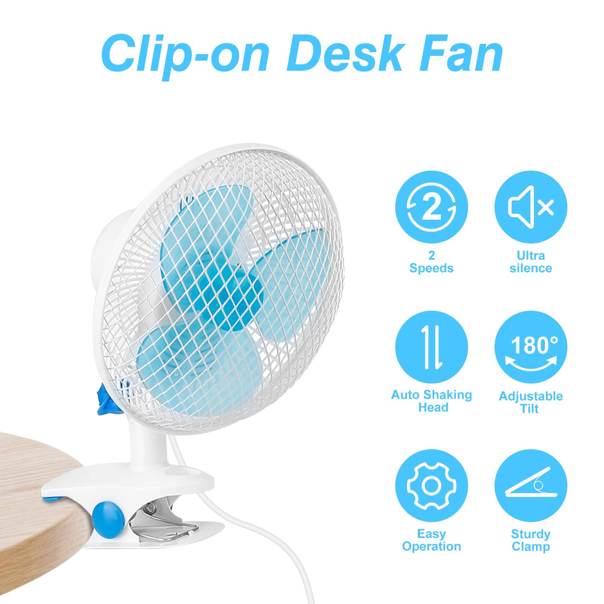 Portable Clip on Fan, 8.66" Desk Fan with Auto Shaking Function
