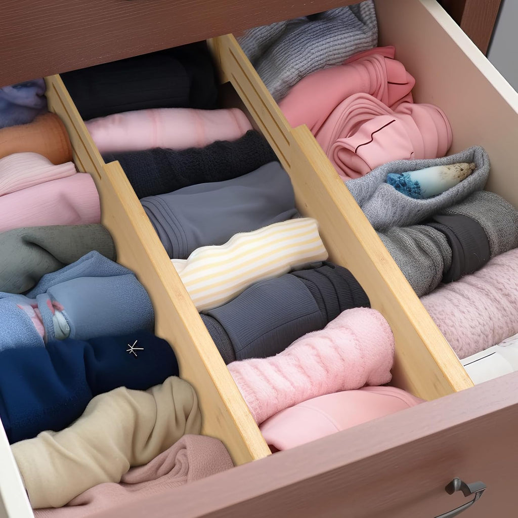 Dresser Drawer Organizers 6 Pack, 4.65'' High Adjustable from 12.5-17‘’ Bamboo Drawer Dividers for Clothing Baby