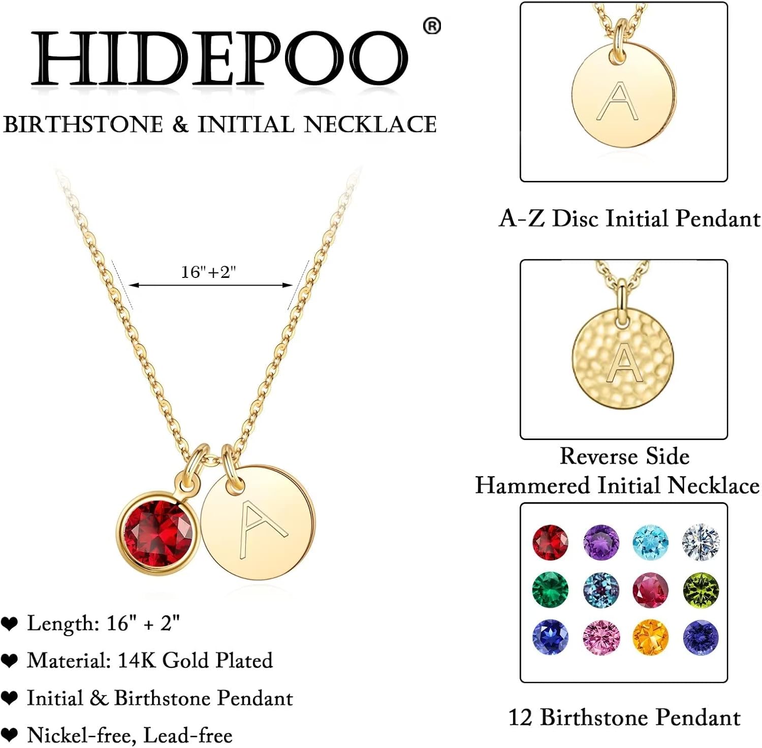 Initial Birthstone Necklaces for Girls Women - 14K-Gold-Plated Disc Letter Necklace Personalized Gift Birthstone