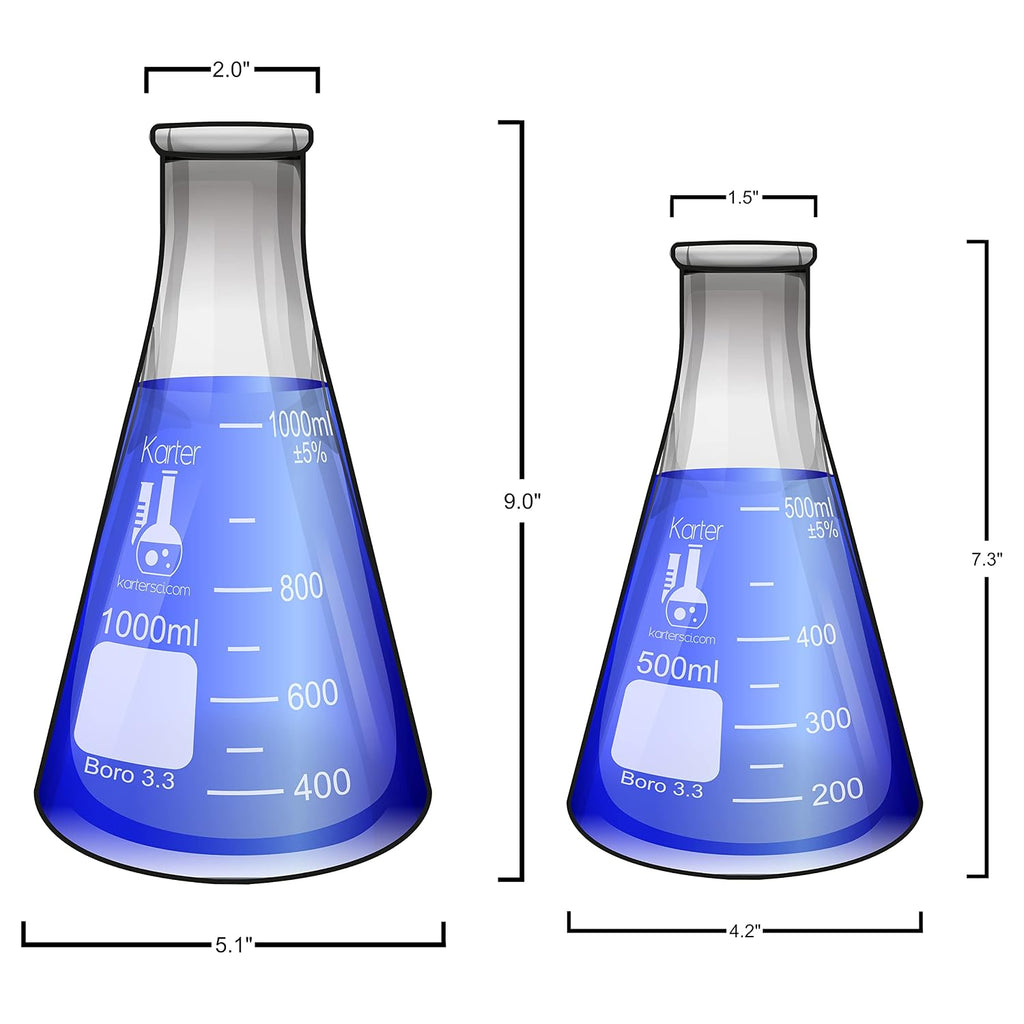 Glass Flask 5 Piece Set, Narrow Mouth Erlenmeyer, Borosilicate 3.3 Glass - 50ml, 150ml, 250ml, 500ml, 1L, 213B2