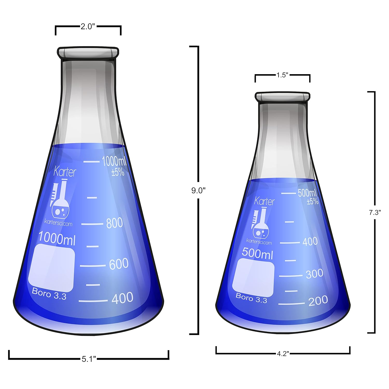 Glass Flask 5 Piece Set, Narrow Mouth Erlenmeyer, Borosilicate 3.3 Glass - 50ml, 150ml, 250ml, 500ml, 1L, 213B2