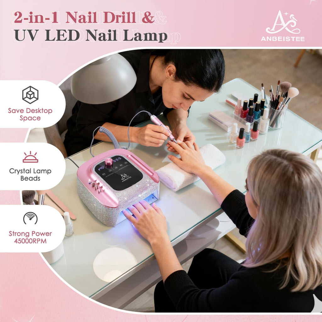 2-in-1 Nail Drill & UV LED Nail Lamp, Professional Rechargeable 45000 RPM Electric Nail Drill Machine, Nail Grinder