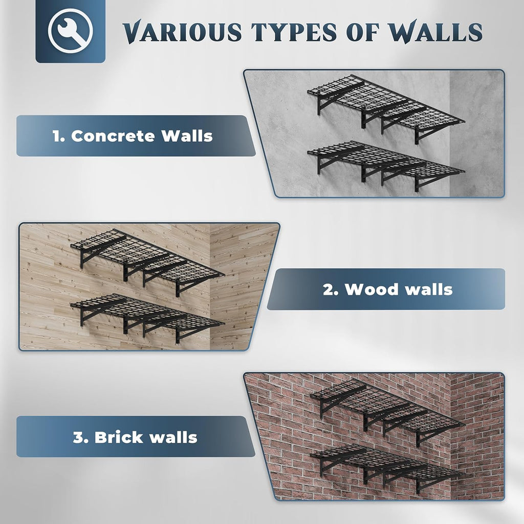 4 Pack Heavy Duty Garage Wall Shelving Set (2x3ft), Wall Mounted Garage Shelves 1400lbs Capacity, 24"x72" Shelf