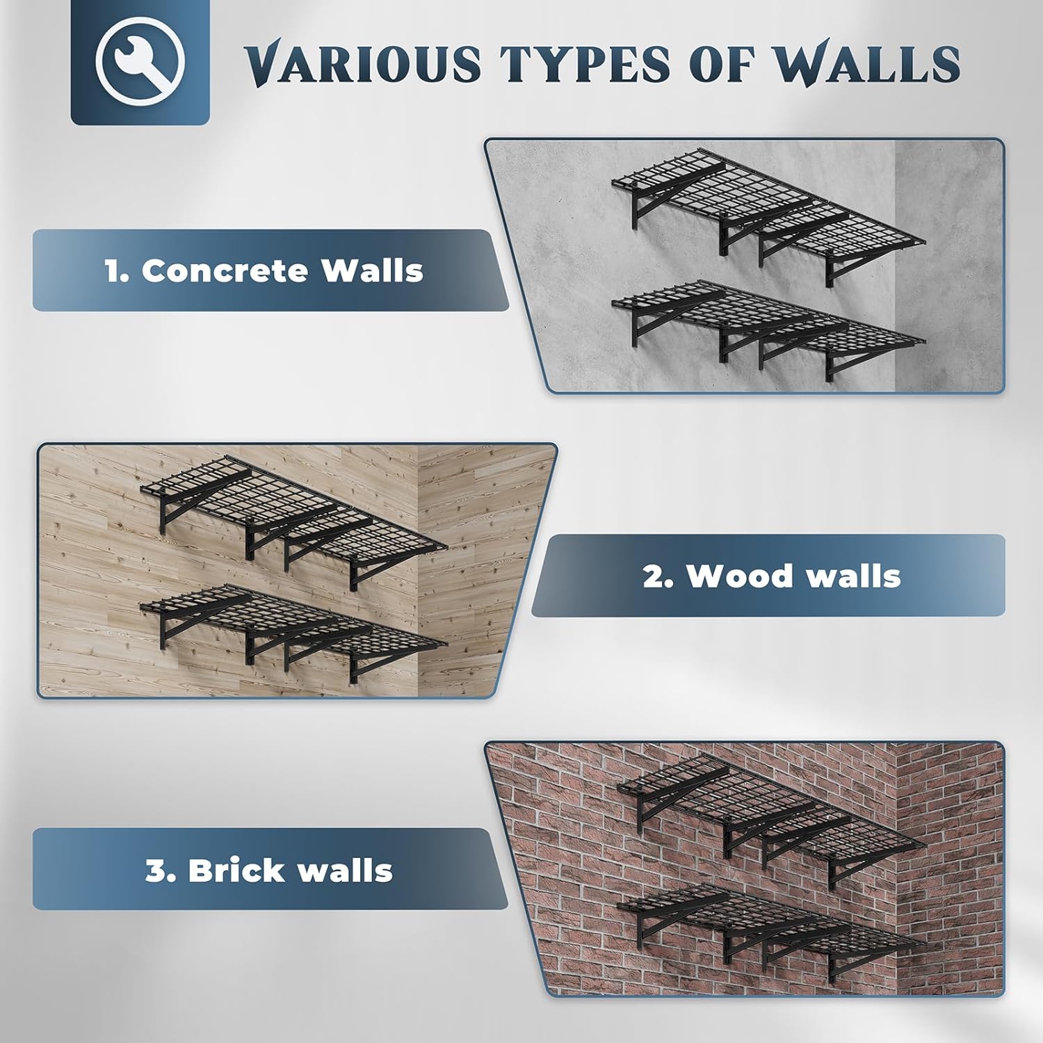 4 Pack Heavy Duty Garage Wall Shelving Set (2x3ft), Wall Mounted Garage Shelves 1400lbs Capacity, 24"x72" Shelf